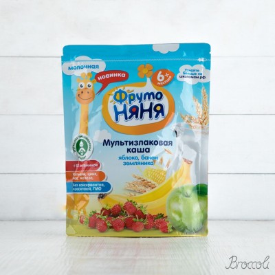 Каша мультизлаковая молочная с яблоком, бананом и земляникой с 6 мес, ФрутоНяня, 200г
