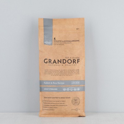 Корм сухой низкозерновой Grandorf, 70% мяса, для стерилизованных кошек, кролик с рисом, 2кг