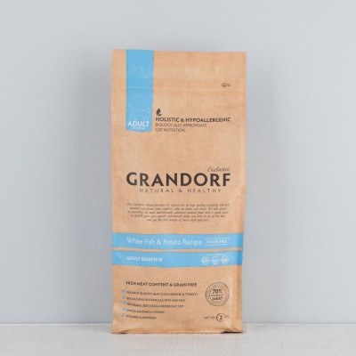 Корм сухой беззерновой Grandorf "Sensetive",70% мяса, для кошек, белая рыба с картофелем, 2кг