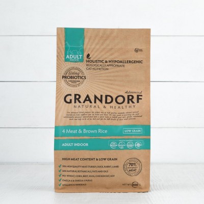 Корм сухой с пробиотиками Grandorf 4 мяса, 70% мяса, для домашних кошек, с бурым рисом, 400г