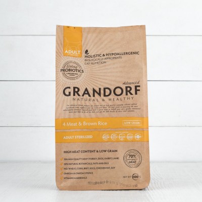 Корм сухой с пробиотиками Grandorf 4 мяса, 70% мяса, для стерилизованных кошек, с бурым рисом, 400г
