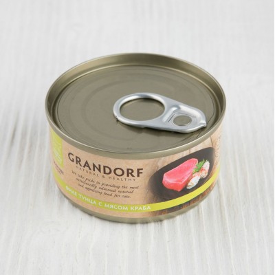 Консервы Grandorf для кошек, 75% мяса, филе тунца с мясом краба, 70г